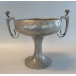 Early 20th century arts and crafts design beaten pewter two-handled presentation tazza dated 1926,