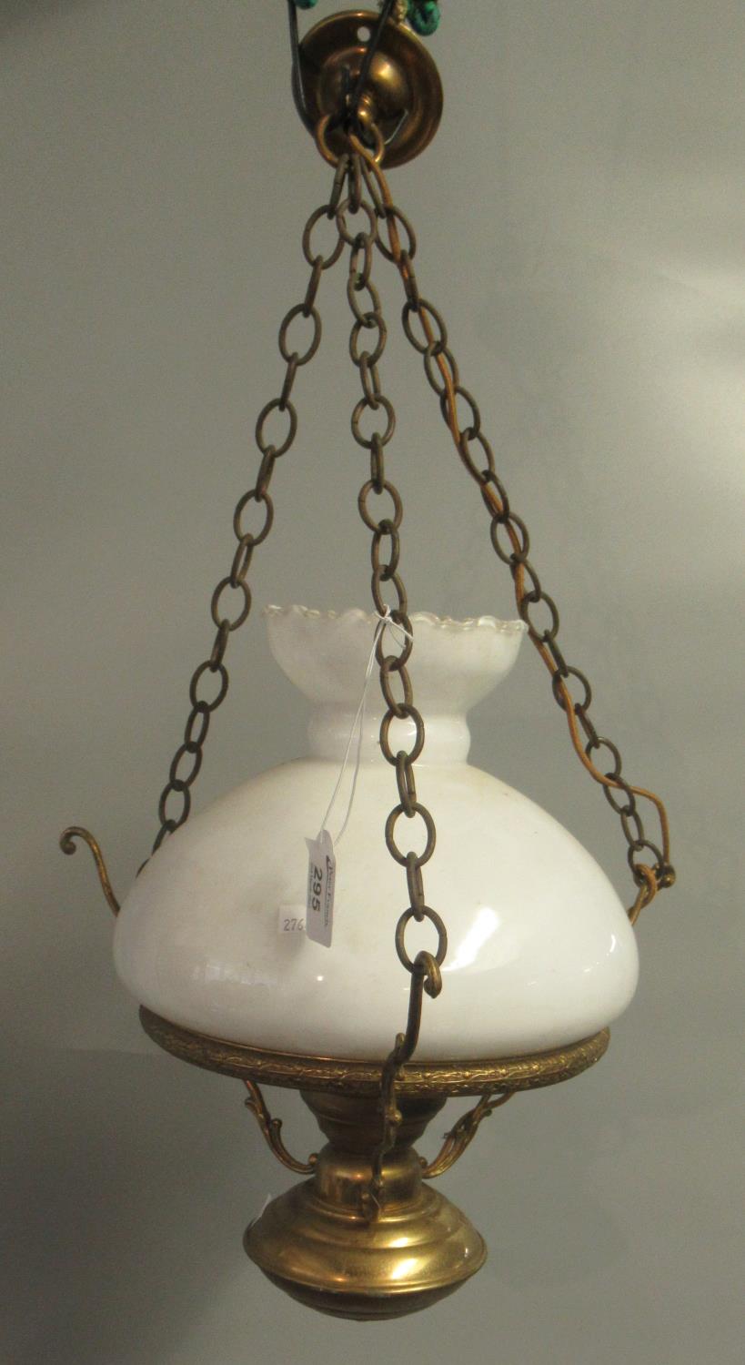 20th Century brass and opaline glass hanging ceiling light fitting. (B.P. 21% + VAT)