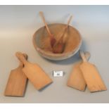 Collection of four Welsh treen butter pats, together with two Welsh jam spoons and a mixing bowl. (