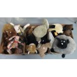 Three boxes of good quality modern teddy bears and soft toy animals, to include rabbits made from
