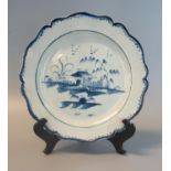 19th century English pearlware indented rim plate with hand painted underglaze blue pagoda