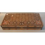 Middle Eastern design parquetry inlaid back gammon box, interior revealing cribbage board. (B.P. 21%