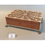 Late 19th/early 20th century sun burst design inlaid ladies work box with metal carrying handles,