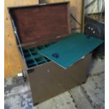 Wooden strong box with metal corners and iron handles, fitted to the interior with various trays,