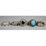 Three silver gemset rings and two white metal rings. Size M and P. (B.P. 21% + VAT)