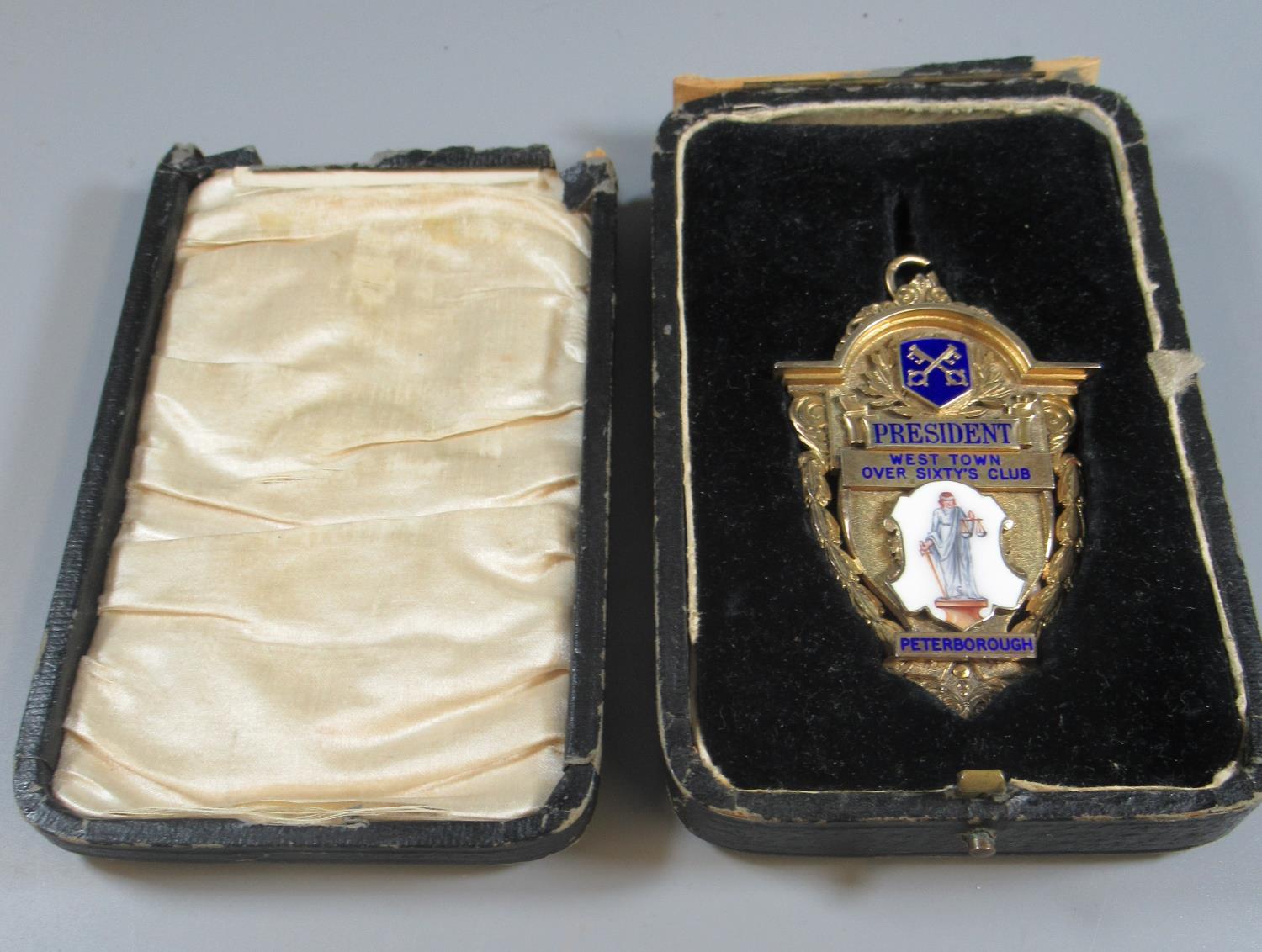 Large silver gilt Masonic jewel or medal, President West Town Over Sixty's Club, Peterborough. In