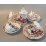 Four cabinet cups and saucers, and a lidded cannister, to include a pair of Wedgwood cups and