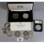 Plastic tub of silver coins to include cased first and last US Morgan silver dollars, another US