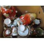 Box of assorted china containing pair of hand painted vases with bird and flower design, two