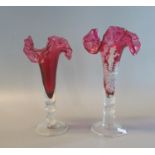 Victorian cranberry glass Mary Gregory style fluted epergne vase with a young girl playing the horn,