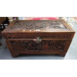 Mid century camphor wood Oriental carved chest overall with figures amongst birds and foliage. 88