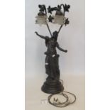 Art nouveau design bronzed finish table lamp in the form of a woman, having two glass shades,