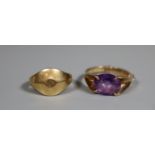 18ct gold ring and a 9ct gold and amethyst ring. Ring size G and L. Approx weight 6.8 grams. (B.P.