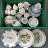 Box of china to include Portmeirion harvest blue baluster vase, various tea ware including Duchess