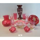 Collection of mainly Victorian cranberry glass items to include pair of beakers, bonbon dish,