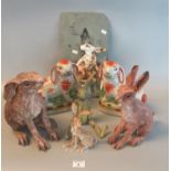Pair of Staffordshire style hand painted rabbits, together with a collection of ceramic and other