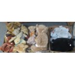 Three boxes of soft toys to include Canterbury Bears, door stops in the form of dogs and cats,