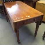 Victorian mahogany Pembroke table with turned baluster supports, brass cups, and castors. (B.P.