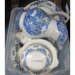 Box of blue and white china with gilt edging, part dinner ware plates, meat plate, lidded