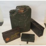 Box containing three military ammunition boxes and a military diesel jerry can. (4) (B.P. 21% + VAT)