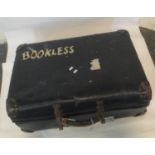 Vintage suitcase, the interior revealing model train items to include: Hornby railways RS609 Express