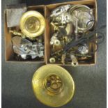 Two boxes of assorted metalware to include: large pressed metal, florally decorated brass bowl,