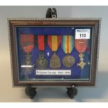 Group of five Belgium 1914-1918 war medals, framed and glazed. (B.P. 21% + VAT)