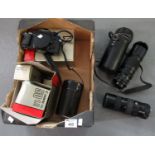 Box of assorted camera equipment various to include Canon A-1 camera, Canon power winder, various