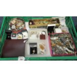 Crate of assorted costume jewellery to include various dress rings, brooches, bracelets, silver