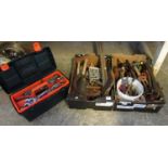 Plastic tool box containing assorted spanners, sockets, etc. Together with two trays of various