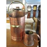 Beaten copper and brass coal/log bin with swing handle, together with a copper tankard. (B.P.