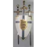 Group of three reproduction crusader type theatrical swords with brass fittings and steel blades,