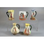 Four Royal Doulton Welsh ladies miniature single handled jugs, together with a Welsh ladies coffee