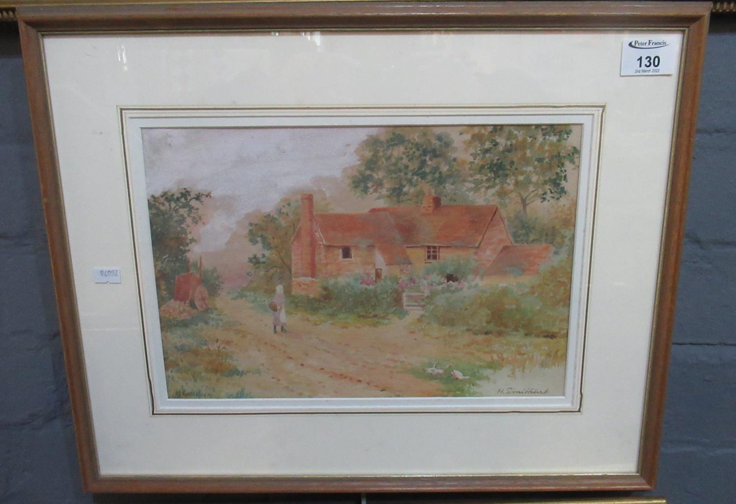 H Smithbirt (British early 20th century), farmstead with figure on lane and ducks, signed,