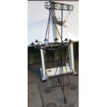 Wrought metal candle light chandelier, together with a wrought metal scroll work stand. (2) (B.P.