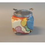 Clarice Cliff Newport pottery bizarre range hand painted preserve jar and metal cover in 'Blue