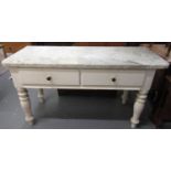 Late Victorian painted pine, marble top, two-drawer side/work table on baluster turned legs. 143 x