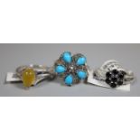 Three silver and gemset rings. Ring size N and N&1/2. (B.P. 21% + VAT)