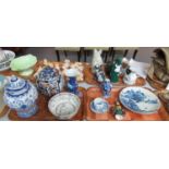 Two trays of mainly Oriental items to include prunus blossom vases, Imari design jar and cover,