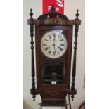 Victorian walnut parquetry inlaid two-train wall clock with key and pendulum. (B.P. 21% + VAT)