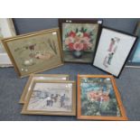 Group of assorted tapestry needlework pictures, together with an oils still life study of a vase