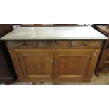 Late 19th/early 20th century pitch pine, marble top kitchen work top or sideboard. 125 x 54 x 80cm