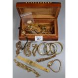 Wooden box comprising rolled gold and other items, watches, bracelets, cameo brooch, etc. (B.P.