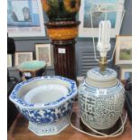 Three Oriental style blue and white ceramic items to include octagonal planter and another plants,