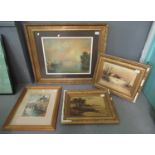 Group of furnishing pictures to include coloured etchings and pair of oil studies, winter