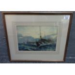 Stanley Heaver (early 20th century), 'War Ships in Heavy Seas', signed, watercolours. 20 x 30cm