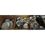 Three boxes of assorted china to include: Alfred Meakin rectangular serving dish, basket ware