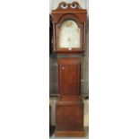 Lack pendulum or weights.Early 19th century oak cased 30 hour longcase clock, having painted face