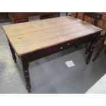 Victorian pine farmhouse kitchen table on painted base, missing its drawer. 132 x 79 x 72cm