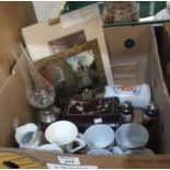 Set of four Wedgwood mugs and two Johnson Brothers mugs, oil lamp, pair of salt and pepper cellars